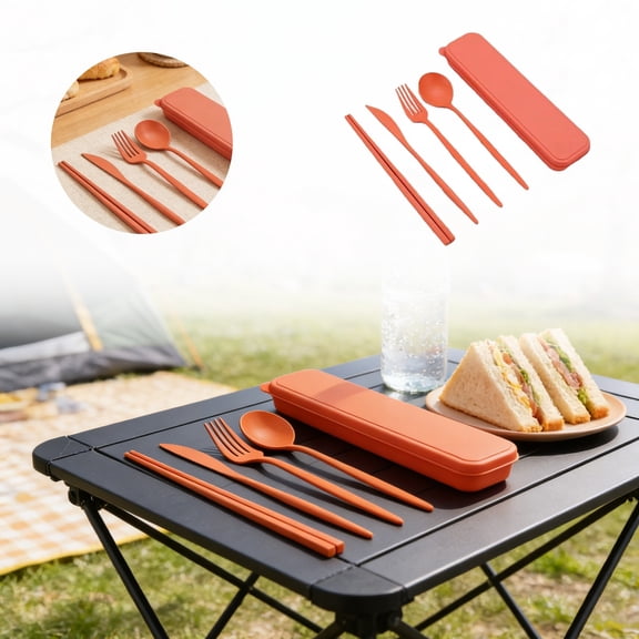 Portable Reusable Utensil Set with Case, 5-Piece Eco-Friendly Cutlery Kit (Knife, Fork, Spoon, Chopsticks) for Travel, Office & Lunch, BPA-Free (Orange)