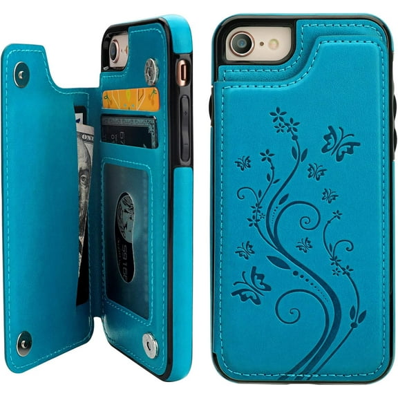 Wallet Case for iPhone SE(2022) 5G/SE(2020)/7/8 with Card Holder, Embossed Butterfly Premium PU Leather Double Magnetic Buttons Flip Shockproof Protective Cover 4.7 inch (Blue)
