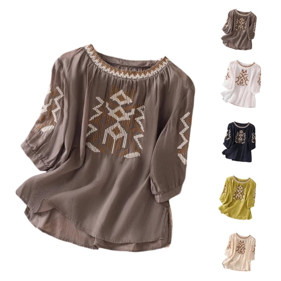 Embroidered Cotton Linen Tops for Women 3/4 Sleeve Summer Boho Dressy Casual Peasant Gauze Blouses Beige L