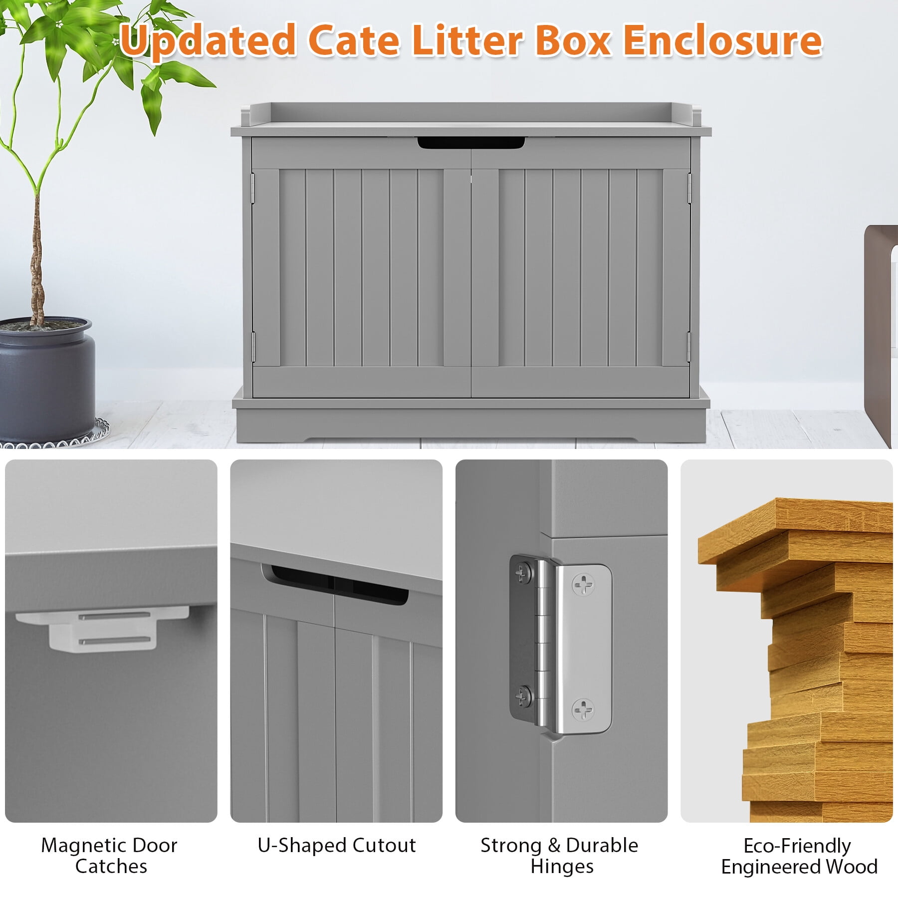HomGarden Multi-Functional Cat Washroom Bench Hidden Cat Litter Box Enclosure Furniture Light Gray