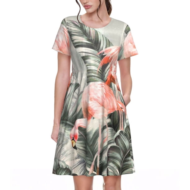 Disketp Tropical With Flamingos para Vestido de Manga Corta para Mujeres, Vestidos de Verano para Mujeres, Casual y Holgado para la Playa
