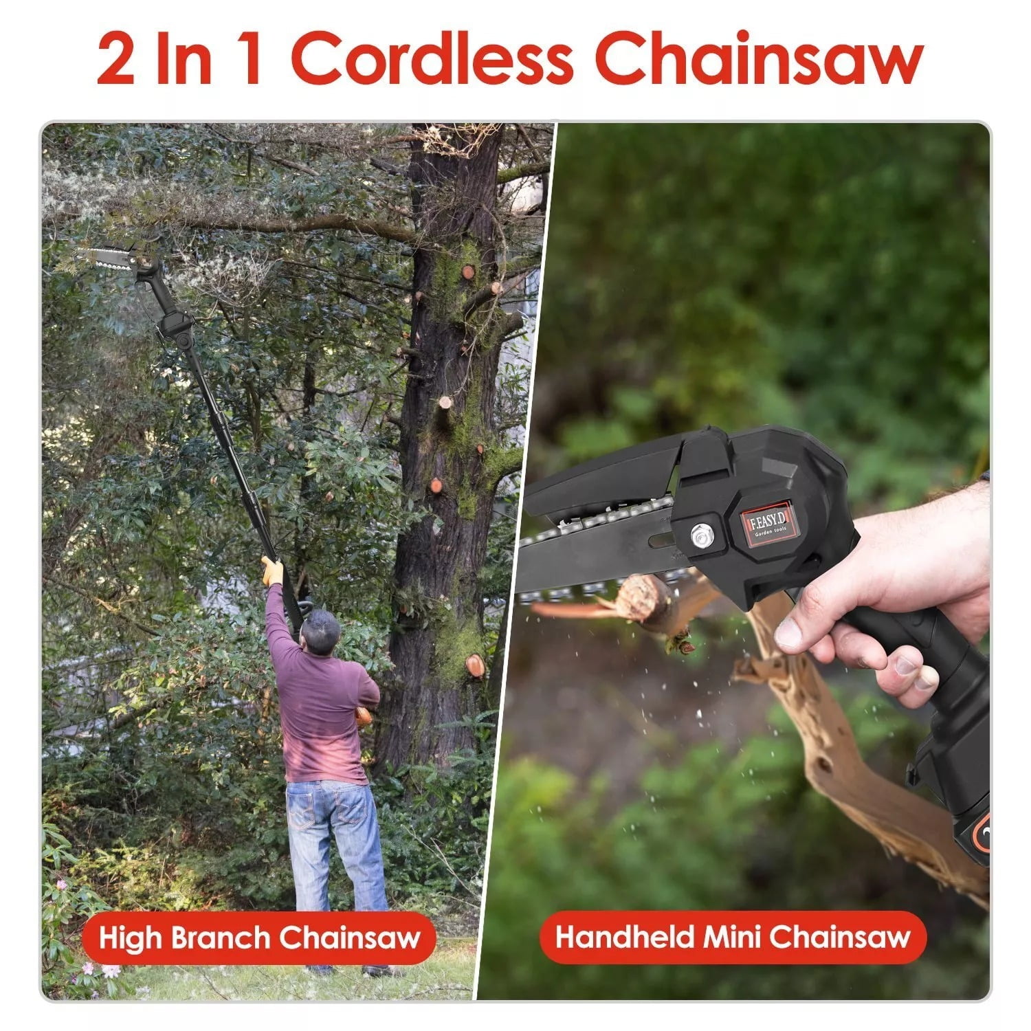 XEENSO Cordless Pole Saw Mini Chainsaw 2-in-1 Tree Trimming 9" Extension Rod Adjustable