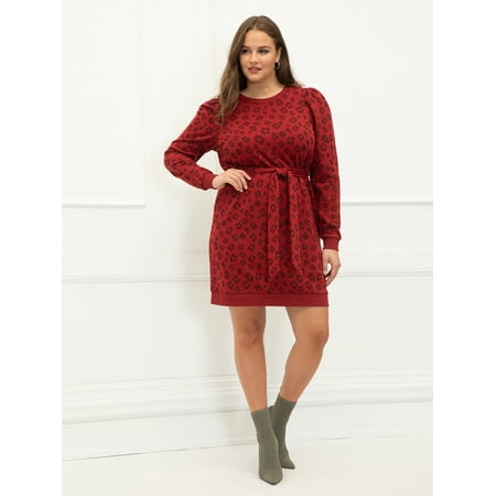 ELOQUII Elements Plus Size Puff Sleeve Leopard Print Sweatshirt Dress with Belt