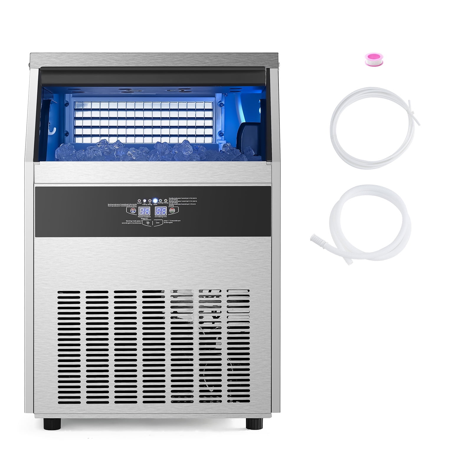 KFFKFF 160lbs/24H Commercial Ice Maker Machine Stainless Steel with 66lbs 80 Cubes Under Counter ice Machine 27.56 in W, 39.76 in H with Auto Clean