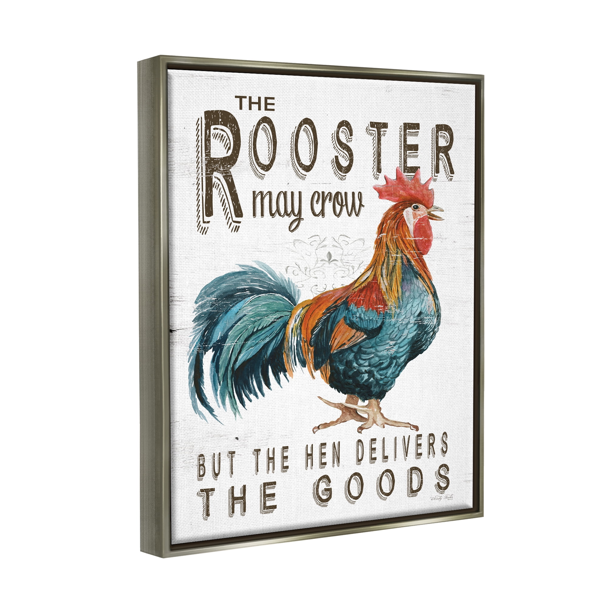 Stupell Industries Funny Rooster & Hen Phrase Botanical & Floral Painting Gray Floater Framed Art Print Wall Art, 25 x 31