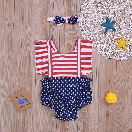 

THE WILD Toddler Girls 4th of Stars Striped Patriotic Backless Romper Bodysuit
