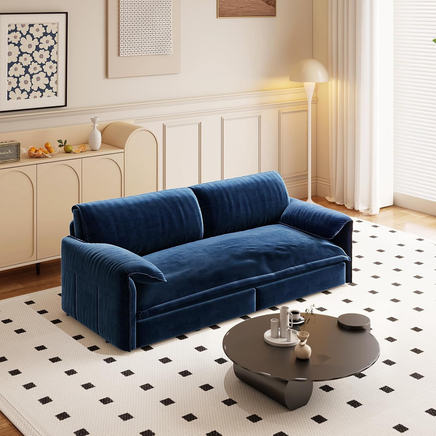 66" Queen Pull Out Sleeper Sofa, 3‑in‑1 Velvet Convertible Loveseat with Side Storage for Apartment Bedroom