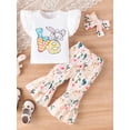 thumbnail image 2 of Bagilaanoe 3Pcs Baby Girl Easter Clothing Sets Toddler Letters Print Fly Sleeve T-shirt Tops + Flare Trousers + Headband 6M 12M 18M 24M 3T 4T Kids Spring Pants Set, 2 of 8