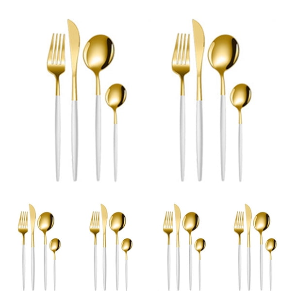 Juego de cubiertos dorados de 24 piezas, juego de cubiertos para 6, juego de cubiertos de acero inoxidable, incluye cucharas, tenedores y cuchillos, cubiertos de cocina para el hogar, la oficina, el