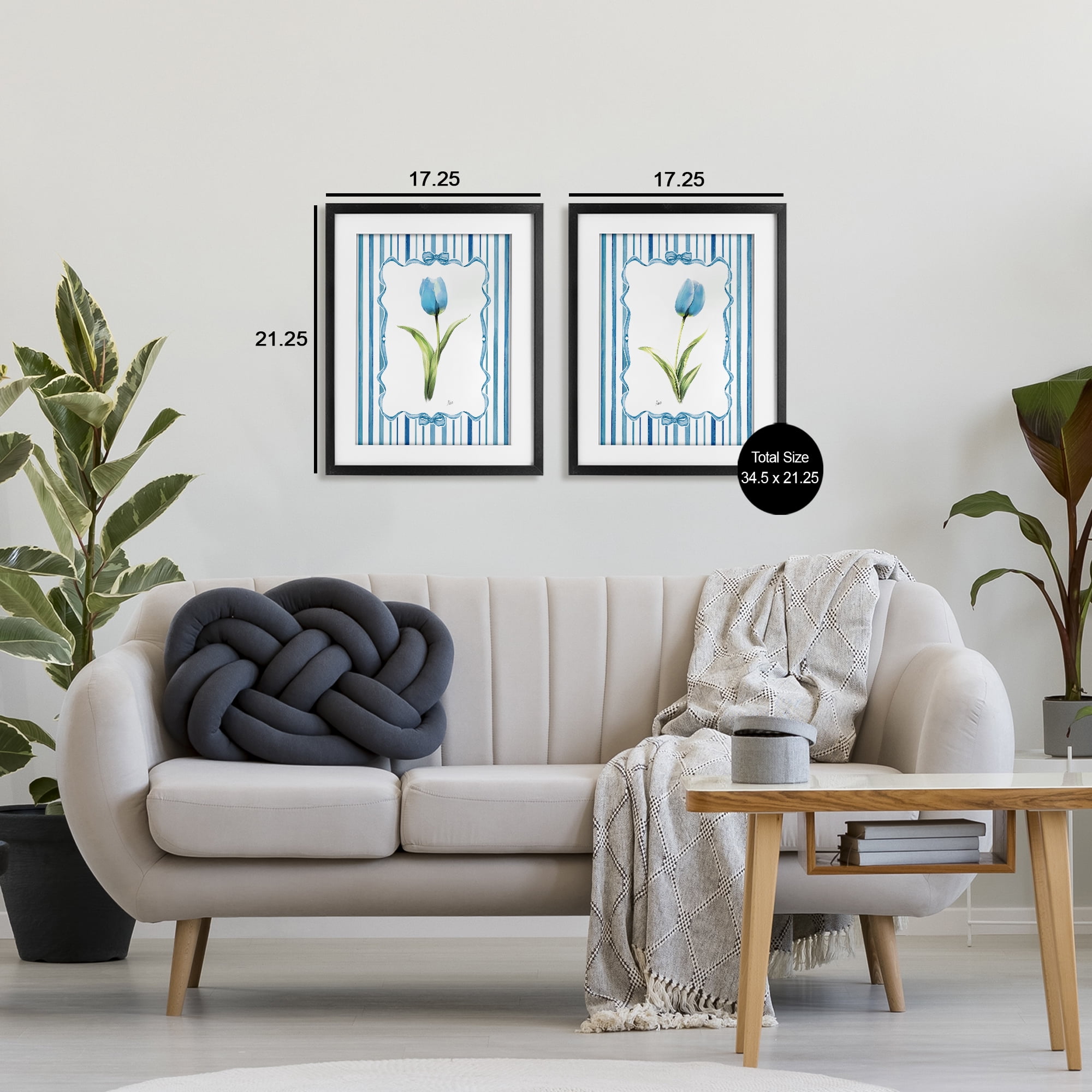 Stupell Industries Blue Tulips with Feminine Ribbon 2 Piece Black Framed Print Under Glass Set, design by Nan