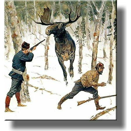 The Moose Hunt By Remington Picture on Stretched Canvas, Wall Art Décor, Ready to