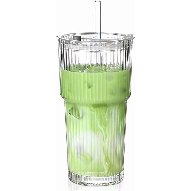 Vaso de Vidrio 20 oz con Tapa y Popote de Vidrio Vaso de Pared Gruesa con Rayas para Smoothies Cócteles y Jugos