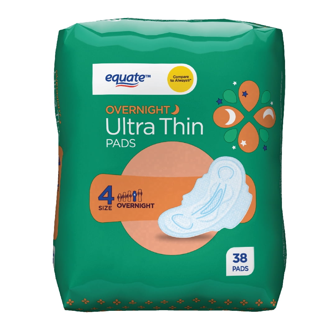 Equate Ultra Thin Pads with Wings, Unscented, Overnight, Size 4 (38 Count)