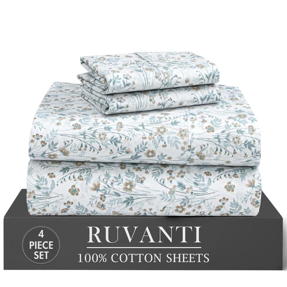 RUVANTI 100% Cotton Percale Sheets Twin Size 4 Piece Set, Cooling Bed Sheets for Hot Sleepers, Deep Pocket 16, Breathable Lightweight & Durable, Crisp Hotel Style Sheets, Fleur & Field