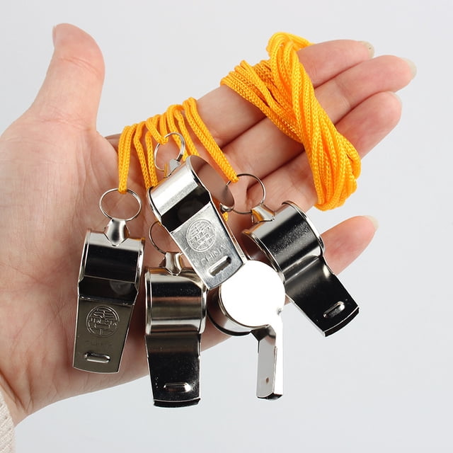 Paquete de 5 silbatos, silbatos deportivos de acero inoxidable con sonido fuerte y nítido con cordón, silbatos ideales para árbitros, entrenadores