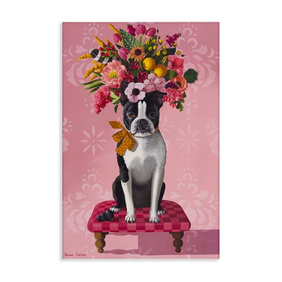 Stupell Industries Bulldog & Pink Bouquet Animals Painting Wrapped Canvas Canvas Art Print Wall Art, 16 x 24