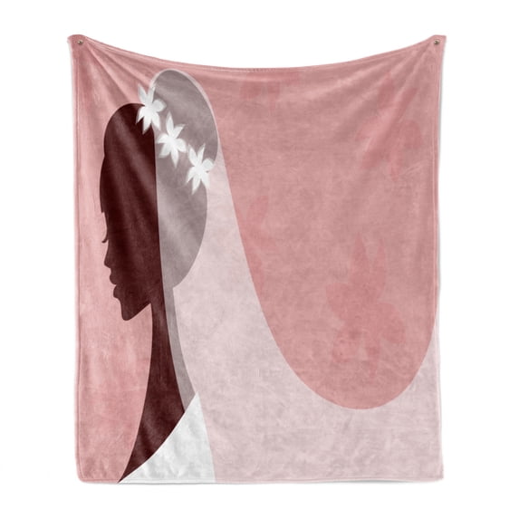 Bridal Shower Soft Flannel Fleece Blanket, Bride in Wedding Dress on Pink Backdrop with Veil Celebration Image, Cozy Plush for Indoor and Outdoor Use, 70" x 90", Pale Pink and White, by Ambesonne