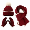 thumbnail image 3 of Kids Winter Hat Scarf Gloves Set 3-Piece, Fleece Lined Pom Pom Beanie with Mittens and Neck Warmer, Striped Edge Color Block Knit Set for Boys and Girls Aged 2-8 Years Old Wine, 3 of 6