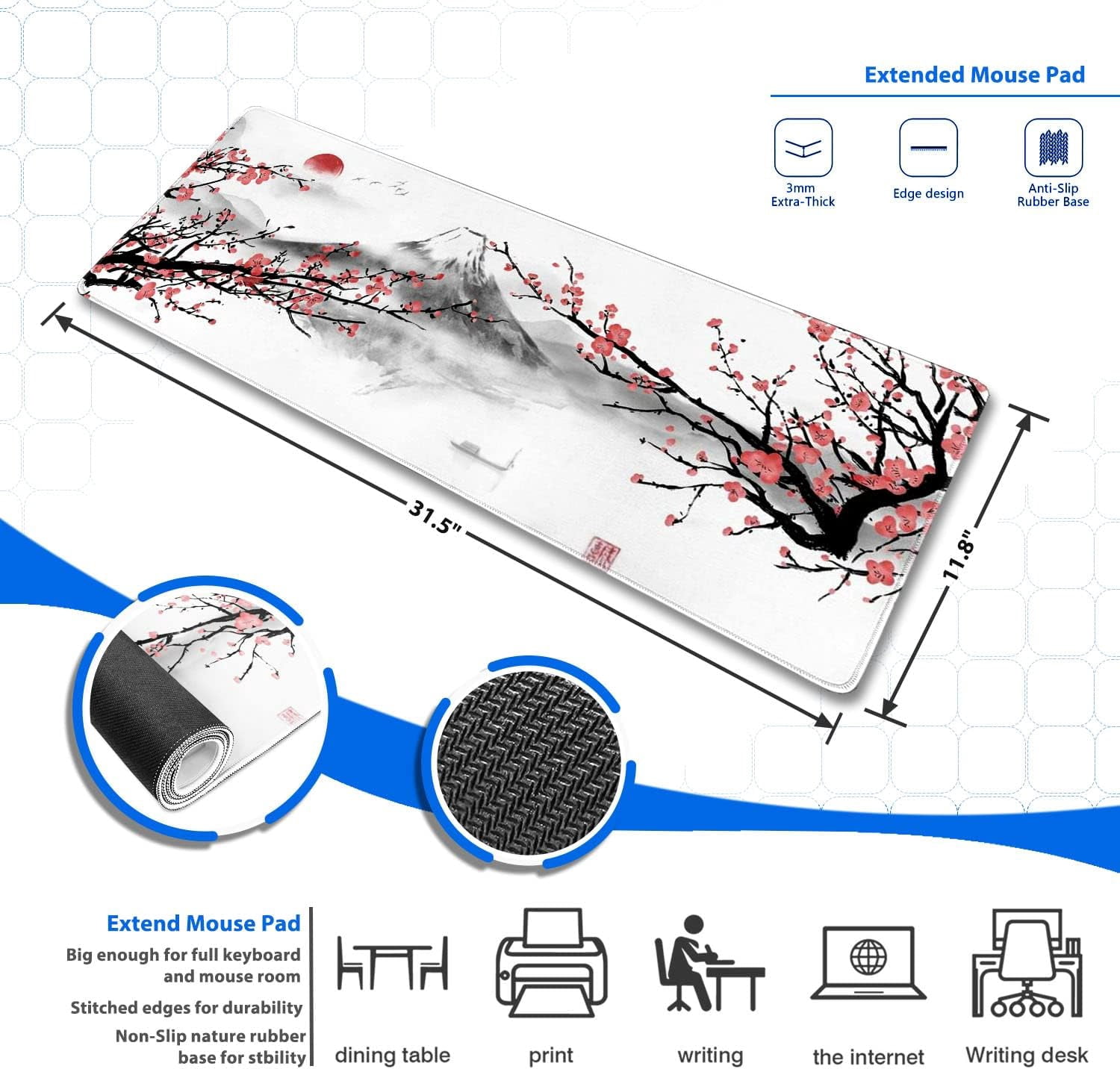 Large Gaming Mouse Pad, Anti-Slip Extended Mouse Pad,Waterproof Keyboard Pad, Mouse Mat Desk Pad for Gamer Office Home XL 31.5" x 11.8" Japanese Cherry Blossom