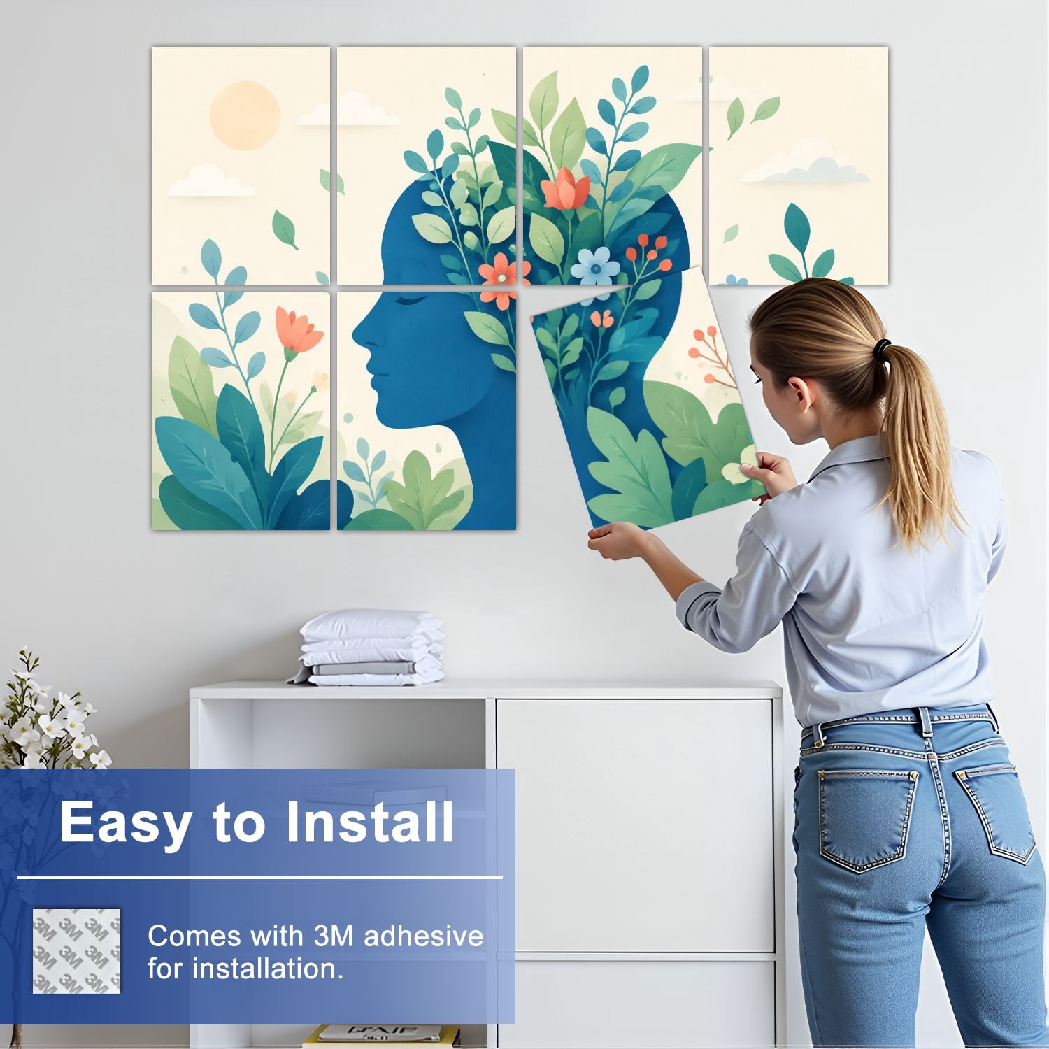 8 Pack Art Acoustic Panels Sound Absorbing Mental health awareness human mind peaceful nature Decorative Soundproof Wall Panels Self Adhesive for Clinic Hospital 48"x32"