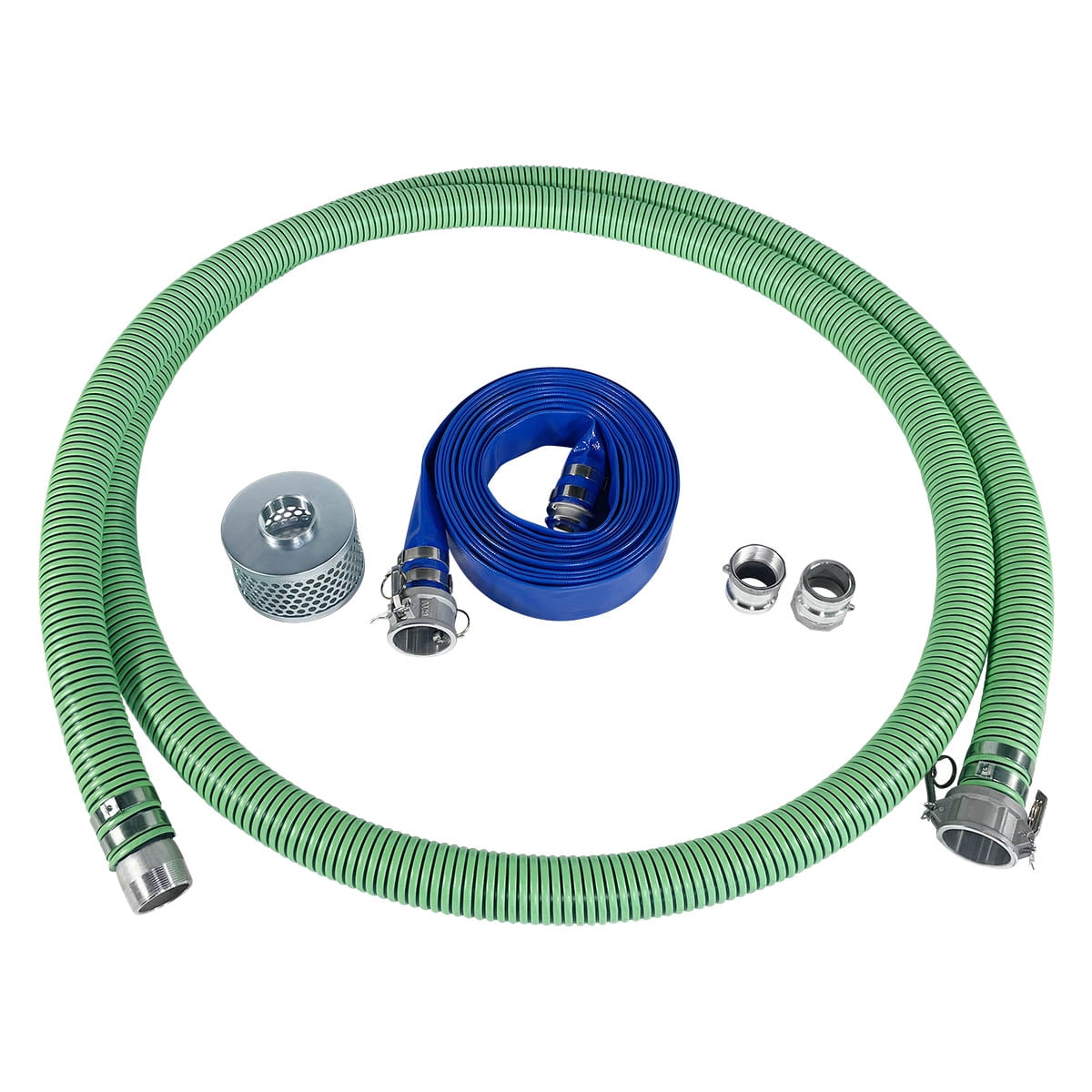 Gloxco 2" Pump Hose Kit, Includes 2 inch x 20 ft Green EPDM Suction Hose, 2 inch x 50 ft Blue Lay Flat Discharge Hose, Plated Steel Suction Strainer and Two Additional Male Cam and Groove Adapters