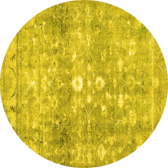 Ahgly Company Machine Washable Indoor Round Abstract Yellow Contemporary Area Rugs, 3' Round