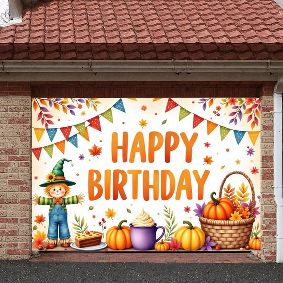 Colorful Pennant Happy Birthday Banner Scarecrow Design Fall Birthday Display Pumpkin Autumn Leaves Scarecrow Birthday Backdrop for Birthday Party Fall Celebration Harvest Festival