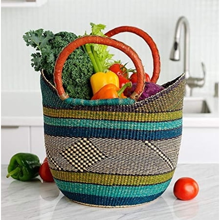 Large Yikene Ghanaian Wing U-Shopper Bolga Basket Fair Trade - 16"-18" Across (Green)