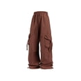thumbnail image 2 of Fengqque Ladies' Solid Elastic Waist Drawstring Loose Wide Legs Cargo Pants Multi-pocket Tapered Pants Brown L(L), 2 of 7