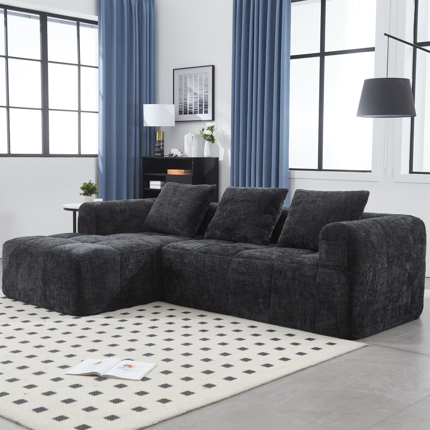 Demi Bonn 98" L-Shaped Modular Sectional Sofa with Chaise, Side Pockets, Modern Comfort Couch, Compression-Free Installation for Living Room, Black