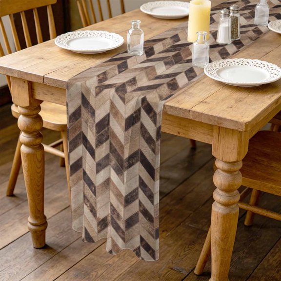 Chevron Hide 10ft Cheesecloth Table Runner for Wedding 27"x120", Rustic Vintage Western Abstract Brown Beige Tan Plaid Kitchen Dinner Sheer Tulle Chiffon Dresser Scarf, Holiday Party Decorations