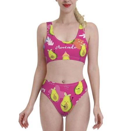 Bixox Pink Green Avocado Pattern Two-Piece Sports Bikini with U-Shaped Top and High-Waist Bottom - Women s Swimwear with Removable Bra Pads