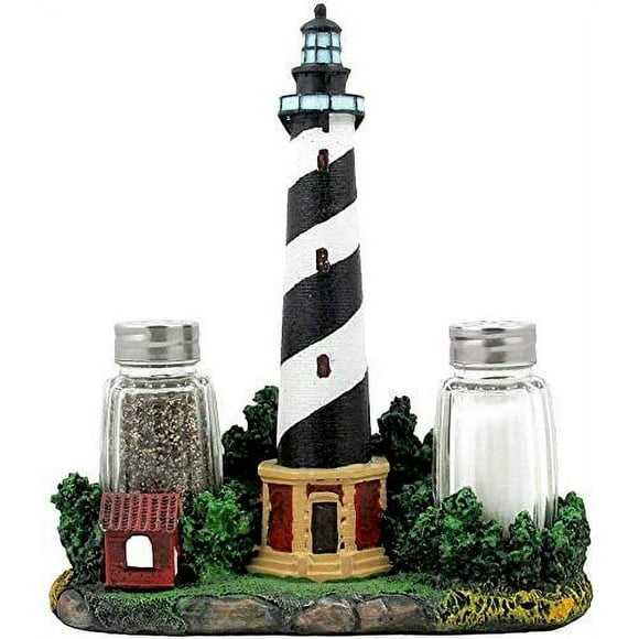 Nautical Cape Hatteras Lighthouse Glass Salt and Pepper Shaker Set Figurine with Holder in Decorative Kitchen Decor Sculptures and Collectible Coastal Gifts