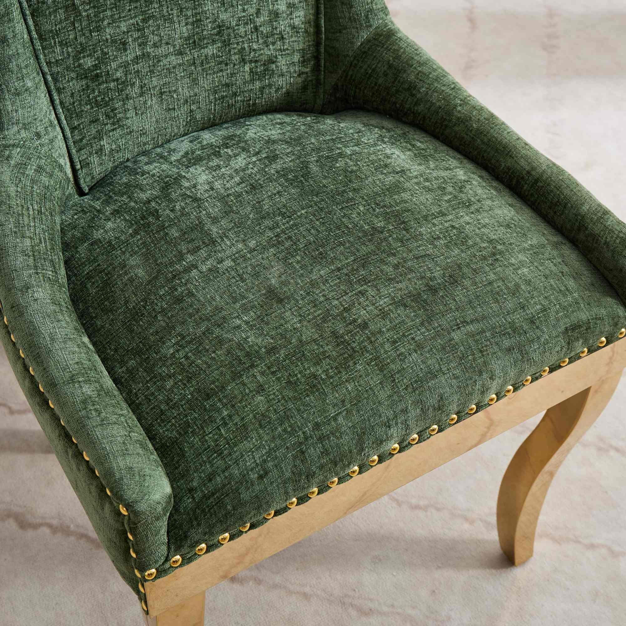 BSHTI Chenille Dining Chairs Set of 2, Green Textured Fabric Upholstered Chairs with Curved Gold-Plated Legs & Rivet Trim – Modern One-Piece Structure for Dining Room, Living Room, or Lounge