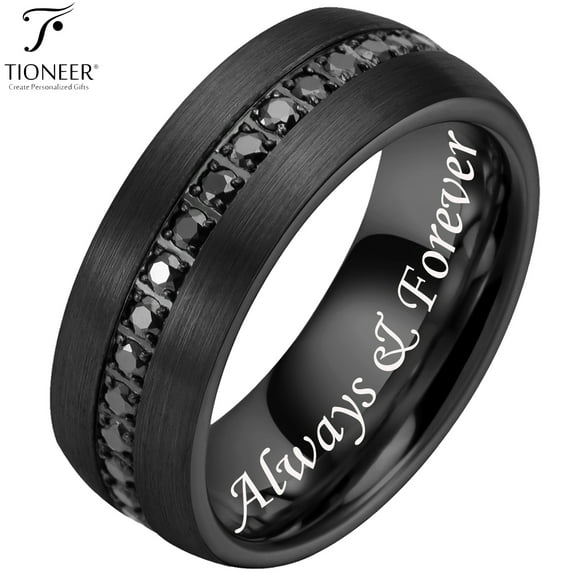 Dome Tungsten Carbide Ring w Eternity Cubic Zirconia in Silver Gold or Black w Black CZ