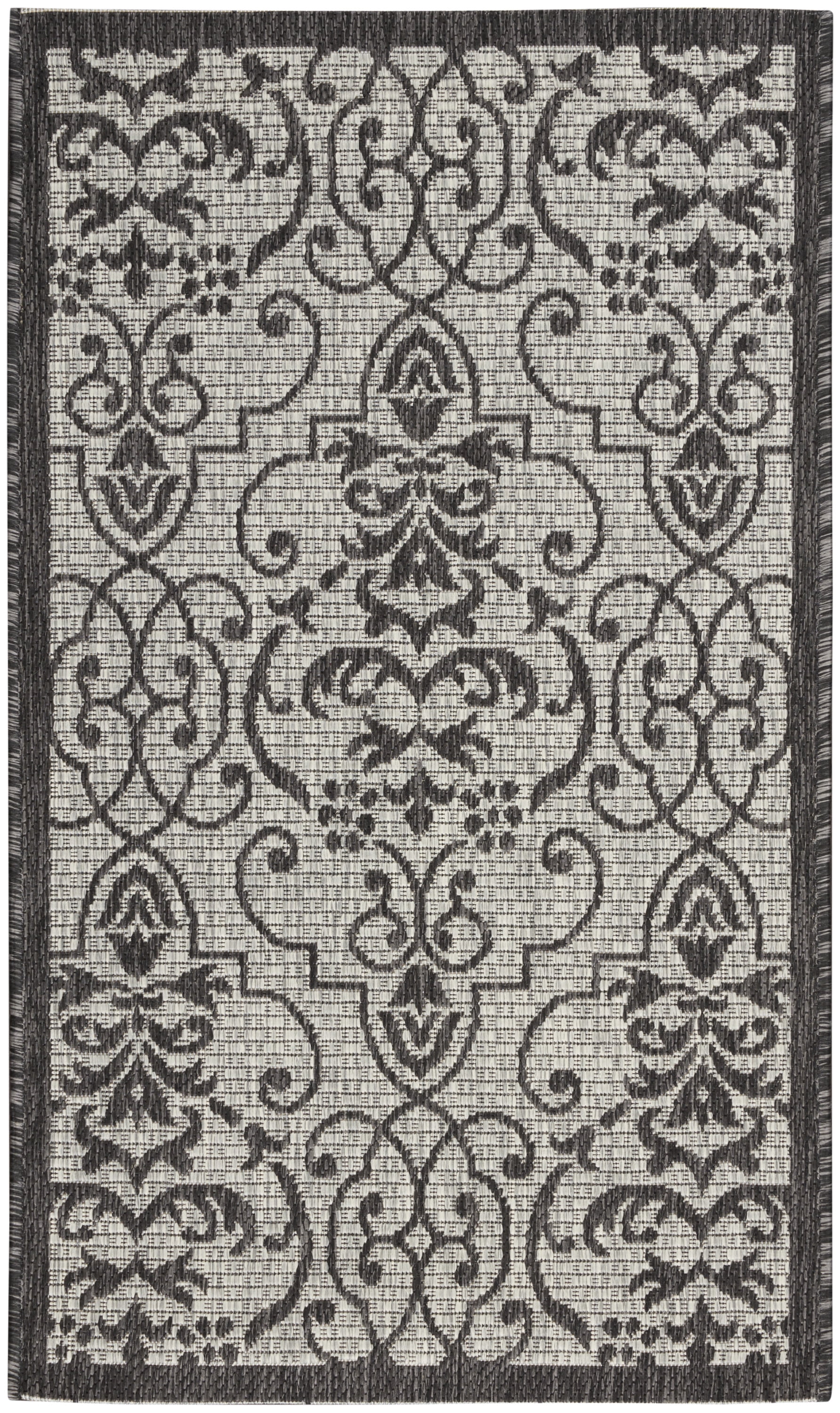 Nourison Garden Party Indoor/Outdoor Transitional Damask Ivory/Charcoal 2'2" x 3'9" Area Rug, (2' x 4')