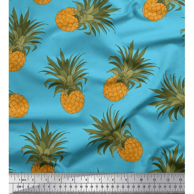 Soimoi Blue Rayon Crepe Fabric Pine Fruits Decor Fabric Printed Yard 46 Inch Wide
