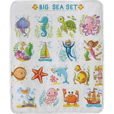 SKYSONIC Velvet Plush Throw Thermal Blanket 4 x 5 FT Marine Theme Flannel Fleece Blanket for Women Kids Couch Bed Sofa Car