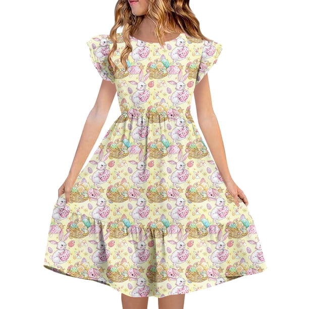 Vestido de Verano de Manga Corta Vestido de Manga Plisada de Doble Capa para Niños de 5-14 Años Vestidos de Verano con Mangas Cortas para la Moda Informal