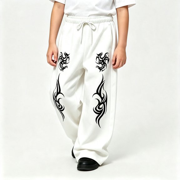 CUZIBR Kids Sweatpants For Boys Baggy Wide Leg Athletic Joggers Pants With Pocket Flame Graphic Drawstring Elastic Waist Cool Casual Daily Wear,White,8-9 Years
