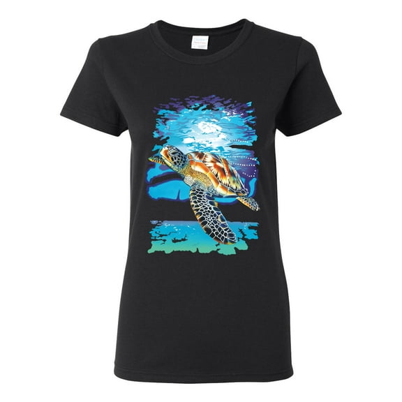 Swimming Sea Turtle Animal Lover Womens Graphic T-Shirt, Black, Small