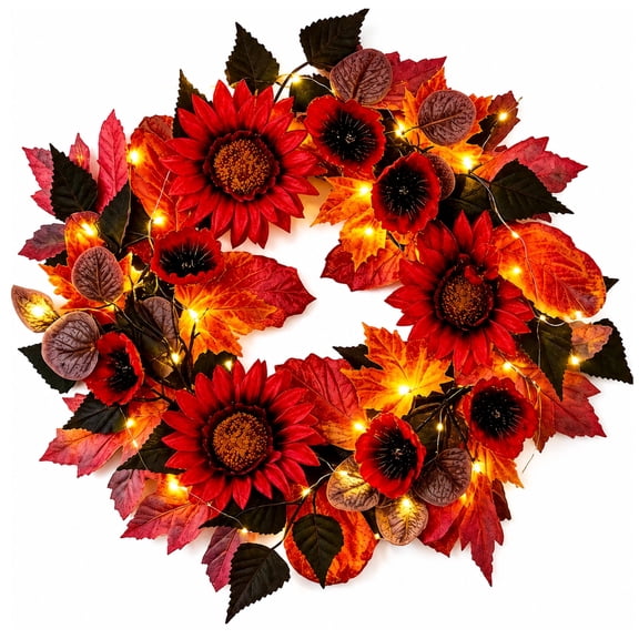 Fall Wreath for Front Door, 15.6 Inch Sunflower Eucalyptus Wreath with Lights, Realistic & Full, Thanksgiving Halloween Decorations for Home Wall Window Outdoor or Indoor Use