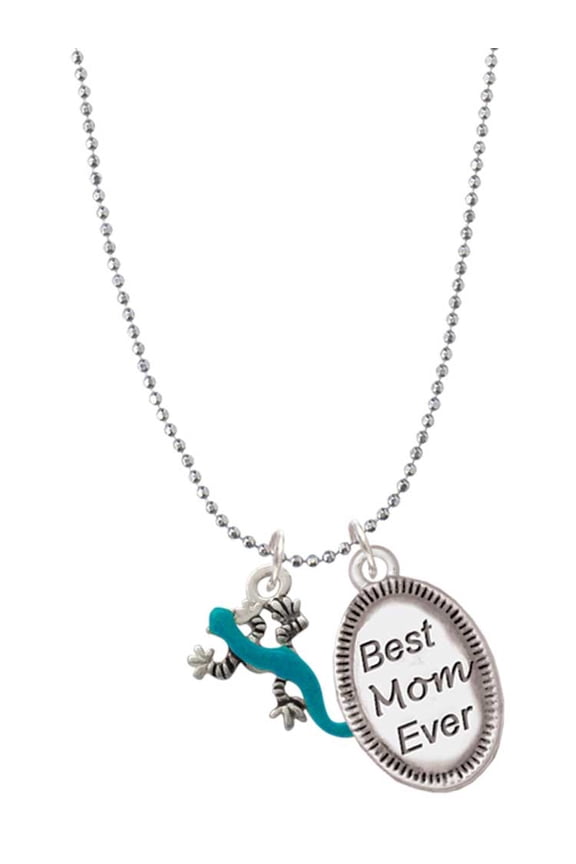 Silvertone Small Teal Lizard Best Mom Ever Charm Necklace
