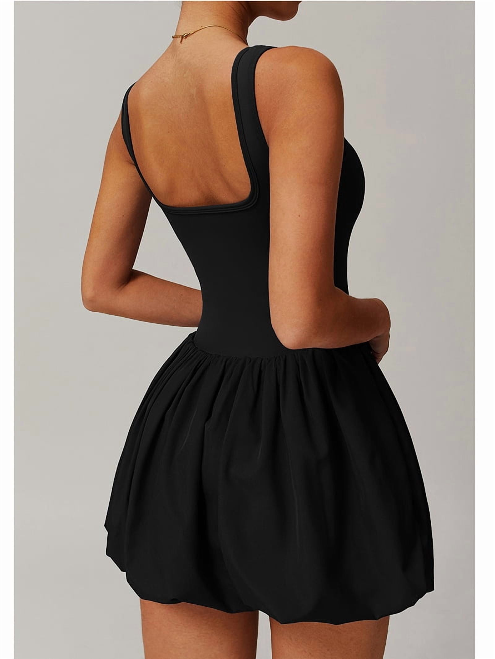 Womens Bubble Tennis Dress Squre Neck Sleeveless Workout Golf Athletic Dresses Build in Shorts with Pockets