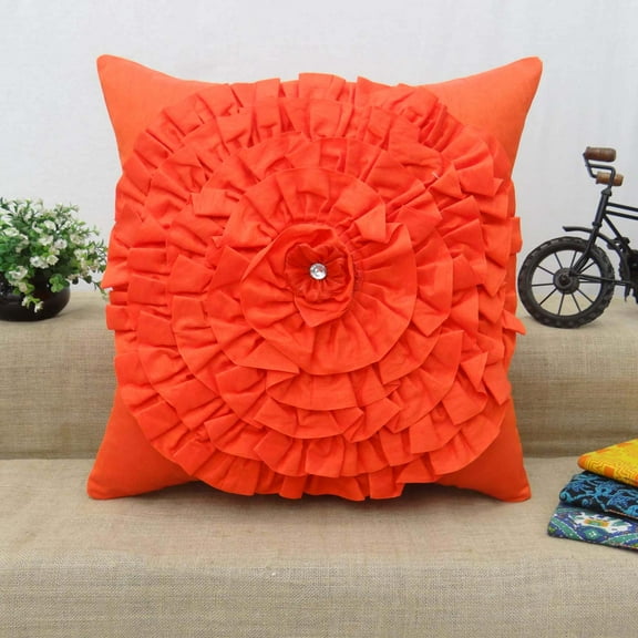 S4Sassy Handcrafted Decorative Orange Ruffled Cushion Cover Floral Pillowcase Square Throw 12 x 12
