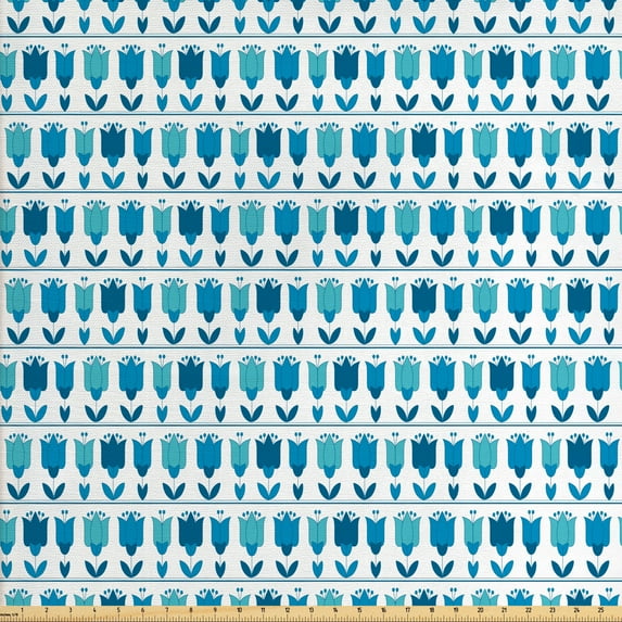 Floral Fabric by the Yard, Holland Tulips Aligned Horizontally Folk Pattern Continuous Illustration, Upholstery Fabric for Dining Chairs Home Decor Accents, Sea Blue Multicolor by Ambesonne