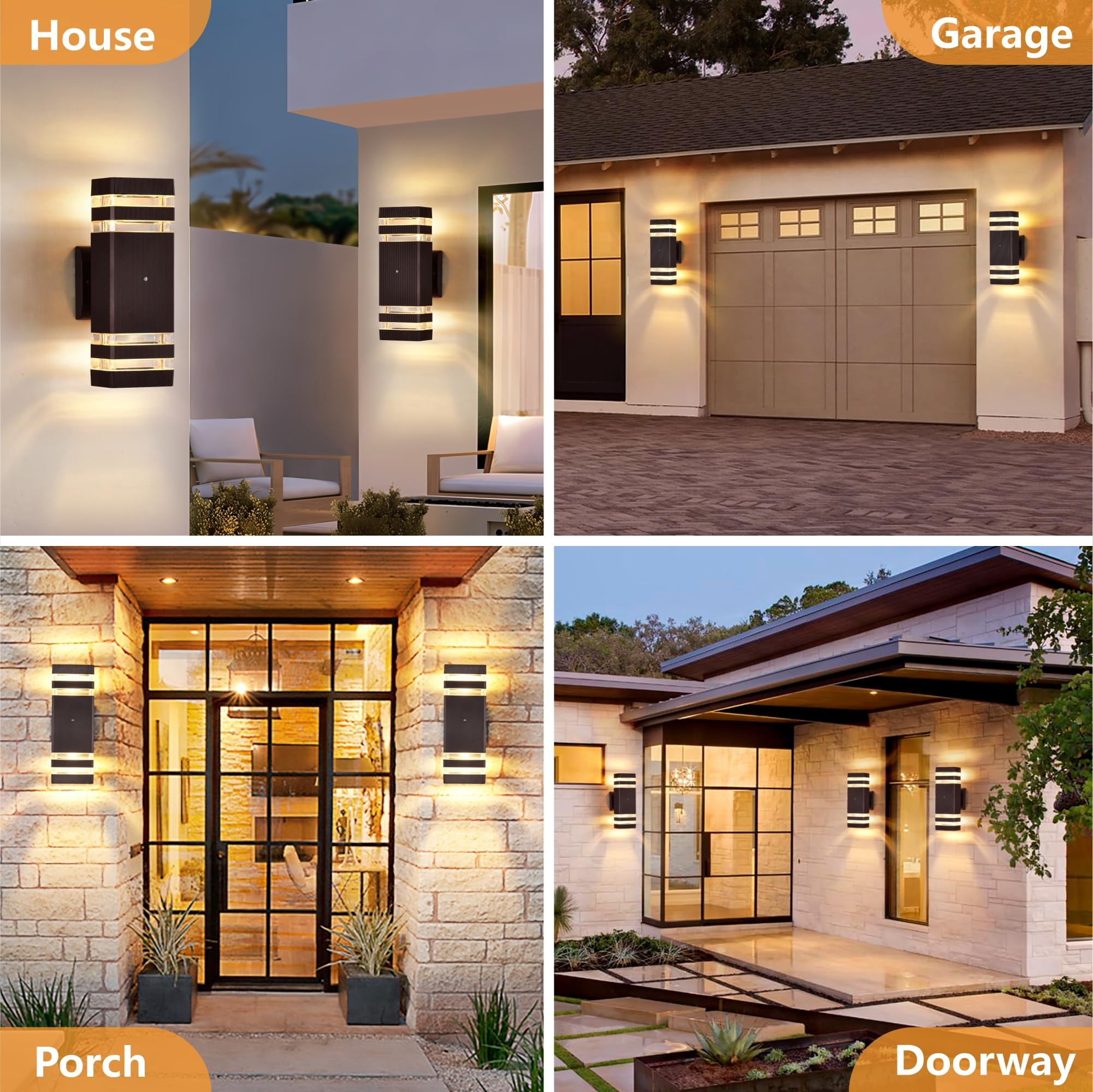 Outdoor Wall Lights 2-Pack, Waterproof Exterior Lighting for Porch/Garage/Patio, 3000K Warm White, Up-Down Design, Dusk to Dawn Sensor