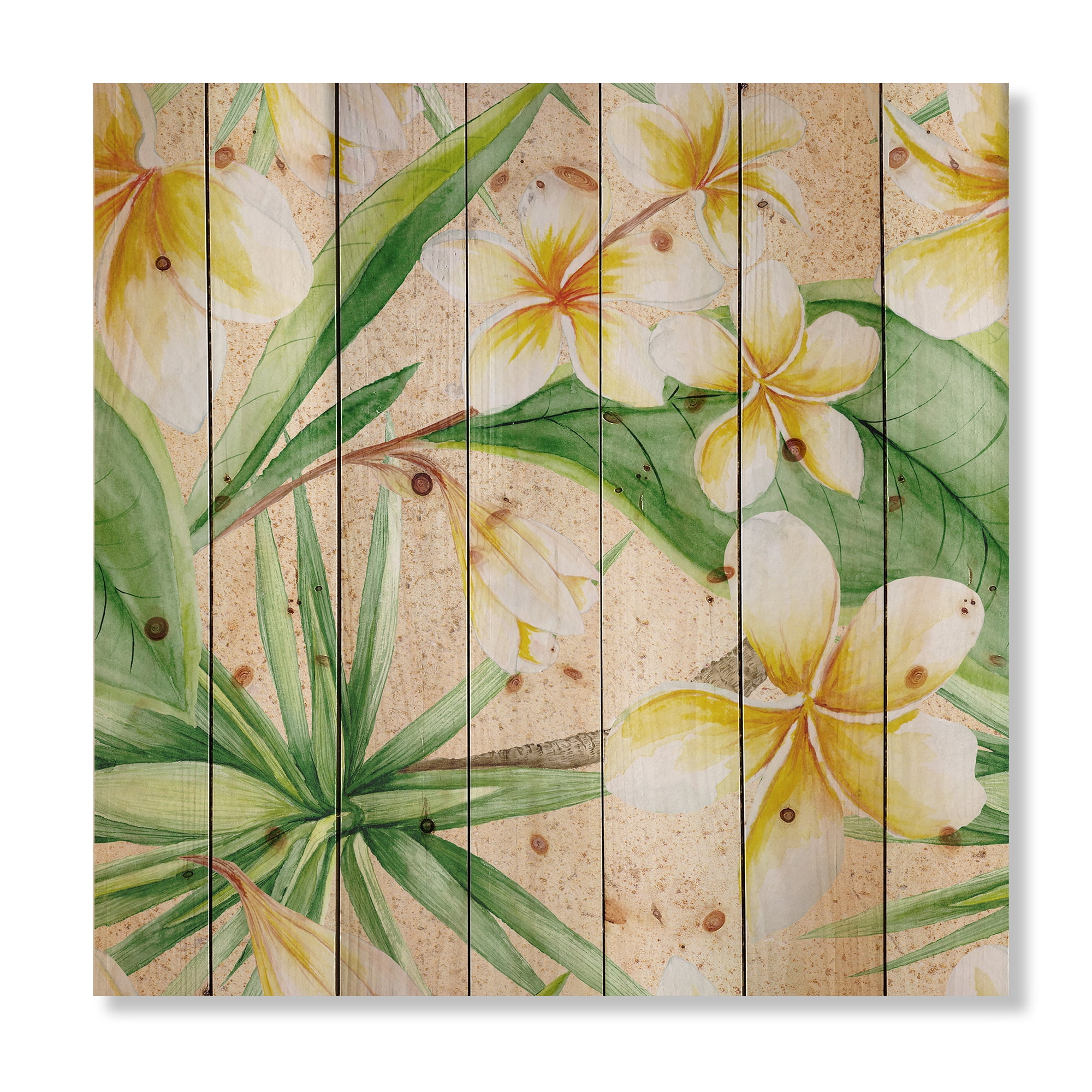 Designart 'Yellow Flowers and Tropical Foliage XI' Traditional Print on Natural Pine Wood