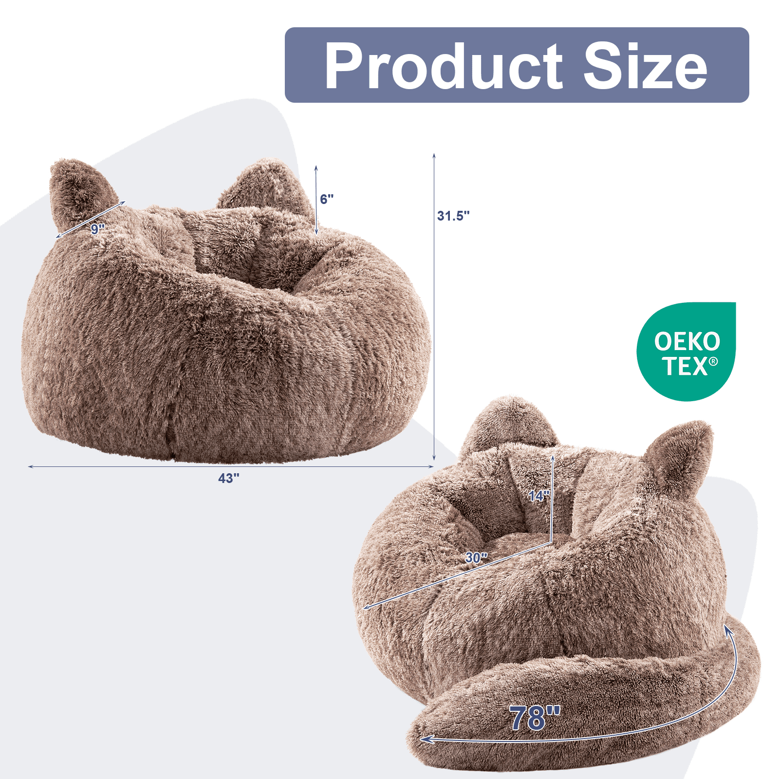 Ebenchico 3.6ft Cat Shaped Bean Bag Chair for Adults Teens Kids, Giant Faux Fur Plush Beanbag Chairs with Filler, Brown