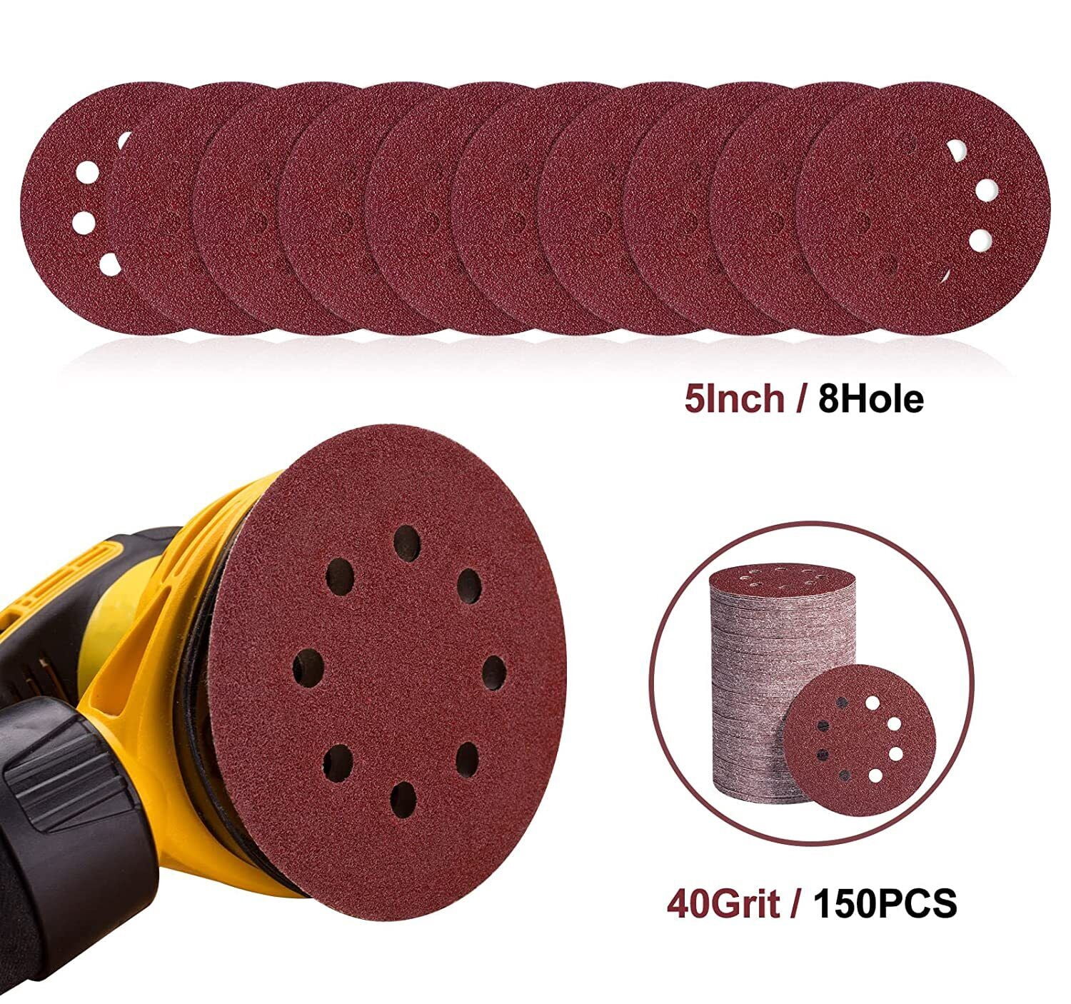 S SATC 150x 5inch Sanding Discs 40 Grit Hook Loop 8-Hole Sandpaper Orbital Sander Paper